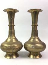 PAIR OF BRASS VASES, ALONG WITH GLASSWARE