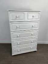 MODERN CHEST OF DRAWERS, ALONG WITH A PAIR OF BEDSIDE CABINETS AND A MIRROR