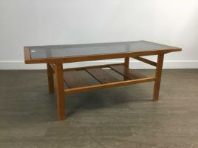 TEAK GLASS TOPPED COFFEE TABLE,