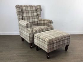 MODERN WINGBACK ARMCHAIR AND MATCHING FOOTSTOOL,