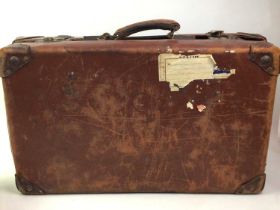 VINTAGE LEATHER SUITCASE, AND TWO EASSTERN WATERCOLOURS