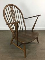 PAIR OF ERCOL BEECH AND ELM WINDSOR ARMCHAIRS,