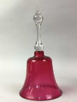 PAIR OF CRANBERRY GLASS HANDBELLS, ALONG WITH FURTHER GLASSWARE