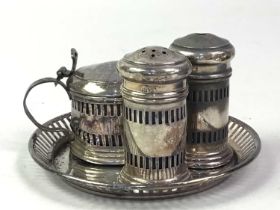 SILVER THREE PIECE CRUET ON STAND, ALONG WITH A SET OF SIX SILVER COFFEE SPOONS