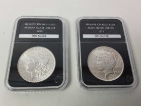 TWO US SILVER DOLLARS, AND OTHER COINS