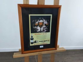 BLACK & WHITE WHISKY POSTER, AND TWO PRINTS