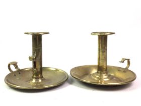 PAIR OF BRASS CHAMBER CANDLESTICKS, AND OTHER BRASS WARE