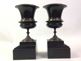 PAIR OF VICTORIAN BLACK SLATE AND JAPANNED METAL GARNITURE URNS, LATE 19TH CENTURY