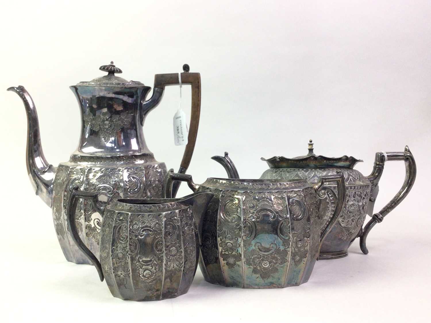 SILVER PLATED TEA AND COFFEE SERVICE, ALONG WITH OTHER PLATED ITEMS