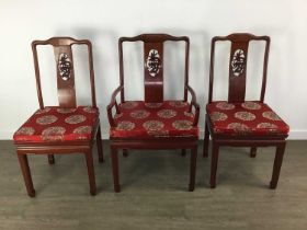 CHINESE CIRCULAR HARDWOOD DINING TABLE, ALONG WITH SIX DINING CHAIRS