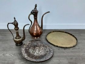 GROUP OF COPPER AND BRASS WARE, AND A SILVER PLATED SERVING SET