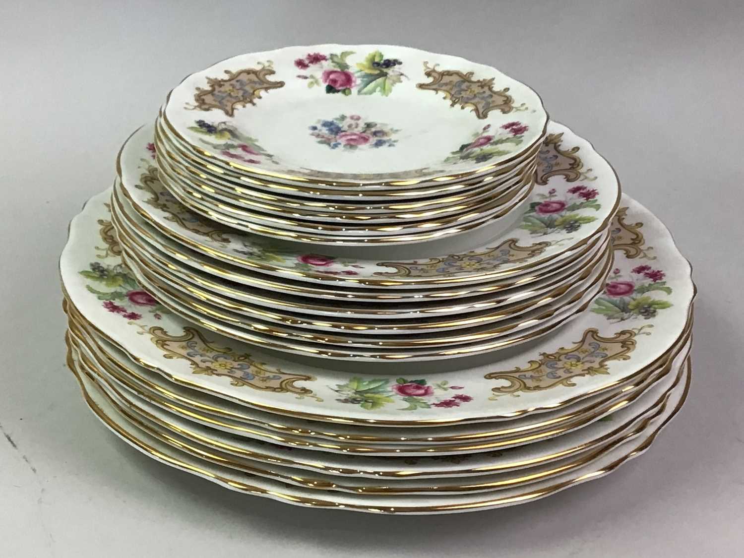 CROWN STAFFORDSHIRE PART DINNER SERVICE TRANSFER DECORATED WITH FLOWERS AND SCROLL PANELS - Image 2 of 4