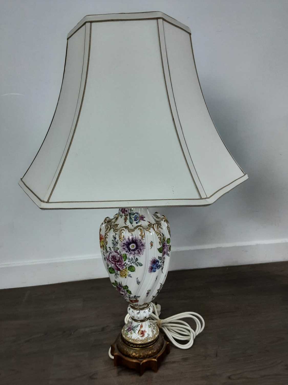 PAIR OF CERAMIC FLORAL DECORATED TABLE LAMPS,