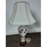 PAIR OF CERAMIC FLORAL DECORATED TABLE LAMPS,