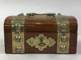ROSEWOOD AND BRASS BOUND CASKET, EARLY 20TH CENTURY, ALONG WITH THREE FIGURES AND ANOTHER CASKET