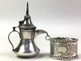 SILVER NAPKIN RING, AND AN EWER