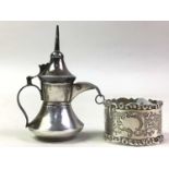 SILVER NAPKIN RING, AND AN EWER