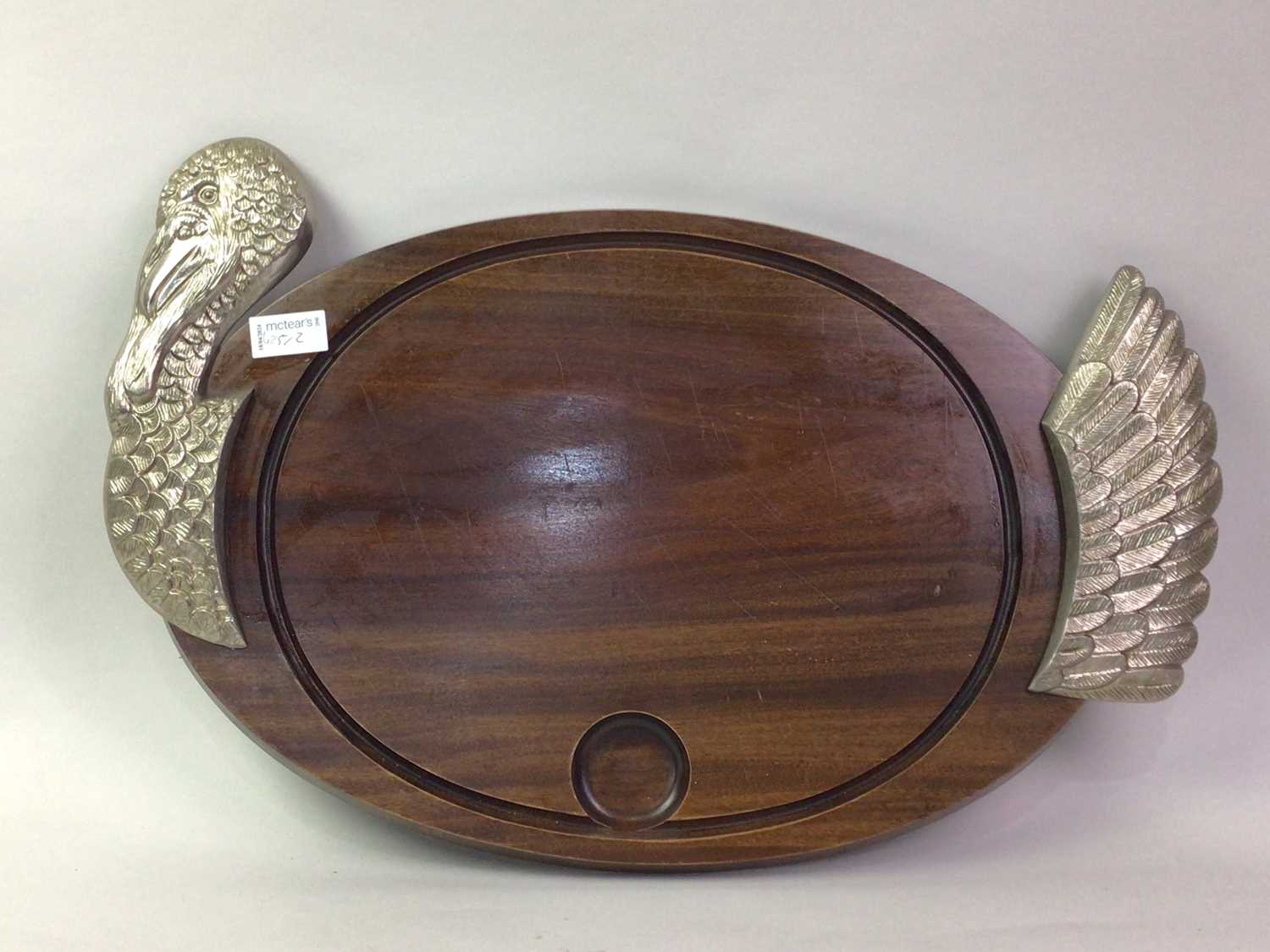 MAHOGANY AND PLATED FISH PLATTER, ALONG WITH ANOTHER SERVING TRAY - Image 2 of 2