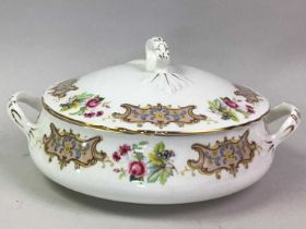 CROWN STAFFORDSHIRE PART DINNER SERVICE TRANSFER DECORATED WITH FLOWERS AND SCROLL PANELS