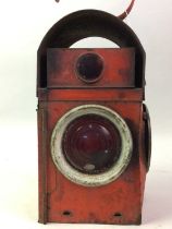 RED KENYON SUPREME RAILWAY LANTERN, AND TWO PAIRS OF BINOCULARS