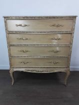 CREAM PAINTED FRENCH STYLE CHEST OF DRAWERS, ALONG WITH OTHER FURNITURE