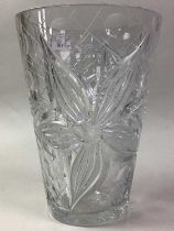 LARGE CRYSTAL VASE, ALONG WITH OTHER GLASSWARE