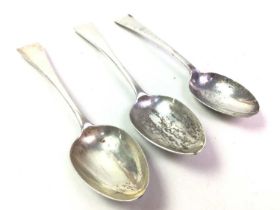 THREE SILVER DESSERT SPOONS, 19TH CENTURY, AND A SILVER PEPPER POT