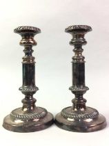 PAIR OF SILVER PLATED CANDLESTICKS, AND A COFFEE POT