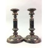 PAIR OF SILVER PLATED CANDLESTICKS, AND A COFFEE POT