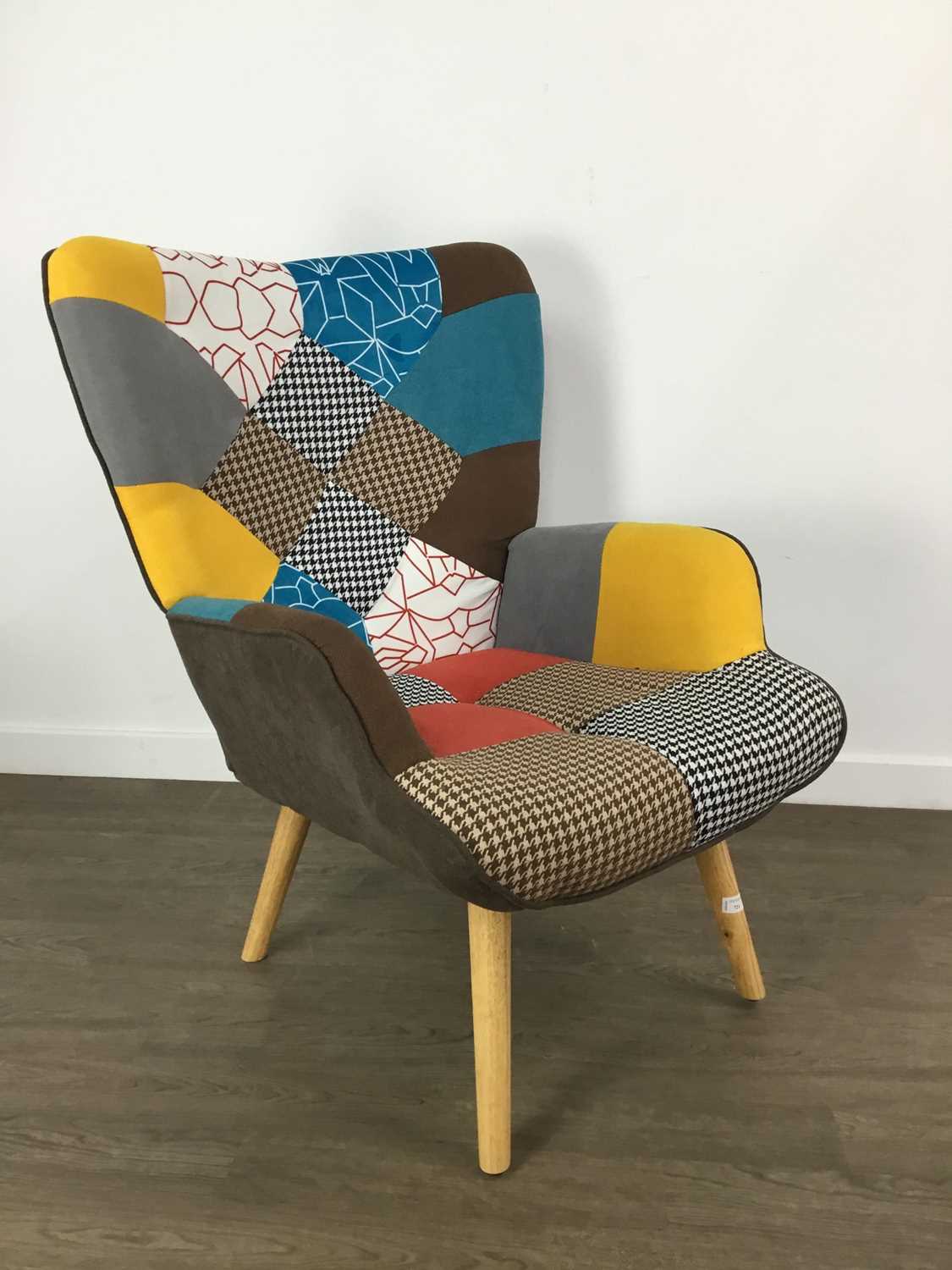 MODERN PATCHWORK ARMCHAIR AND MATCHING FOOTSTOOL,