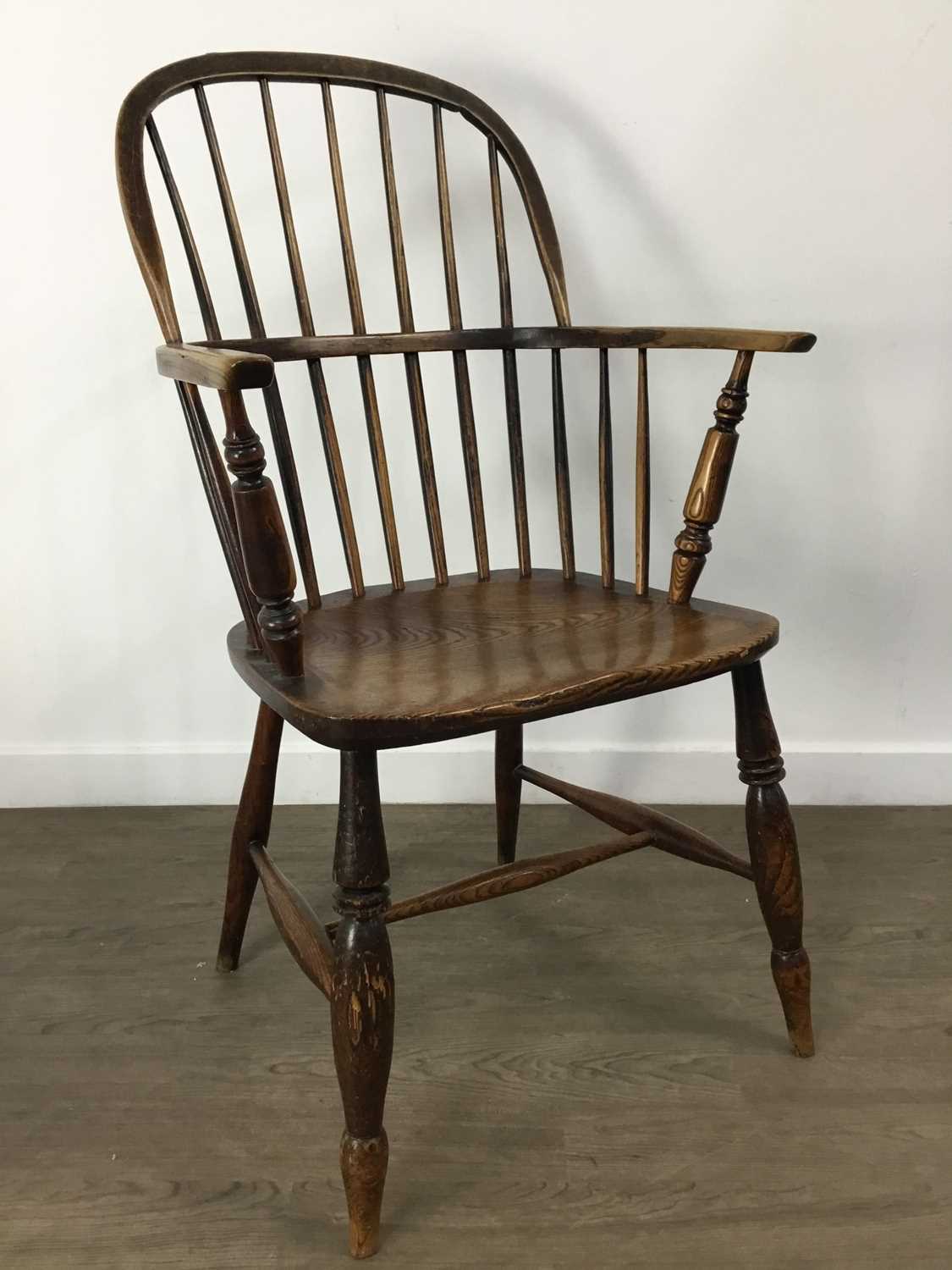 WINDSOR HOOP BACK CHAIR, ALONG WITH A CHILD'S CHAIR AND A FOOTSTOOL