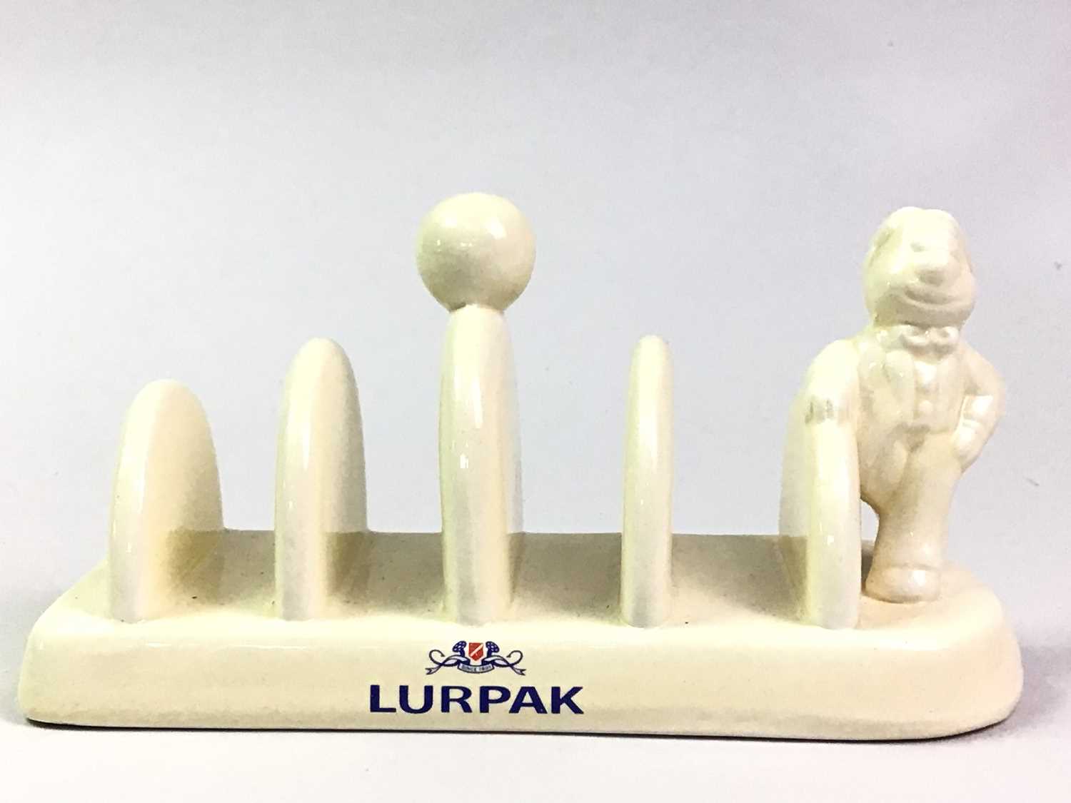 LURPAK BUTTER TOAST RACK AND BUTTER DISH, AND A ROYAL DOULTON FIGURE