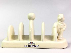 LURPAK BUTTER TOAST RACK AND BUTTER DISH, AND A ROYAL DOULTON FIGURE