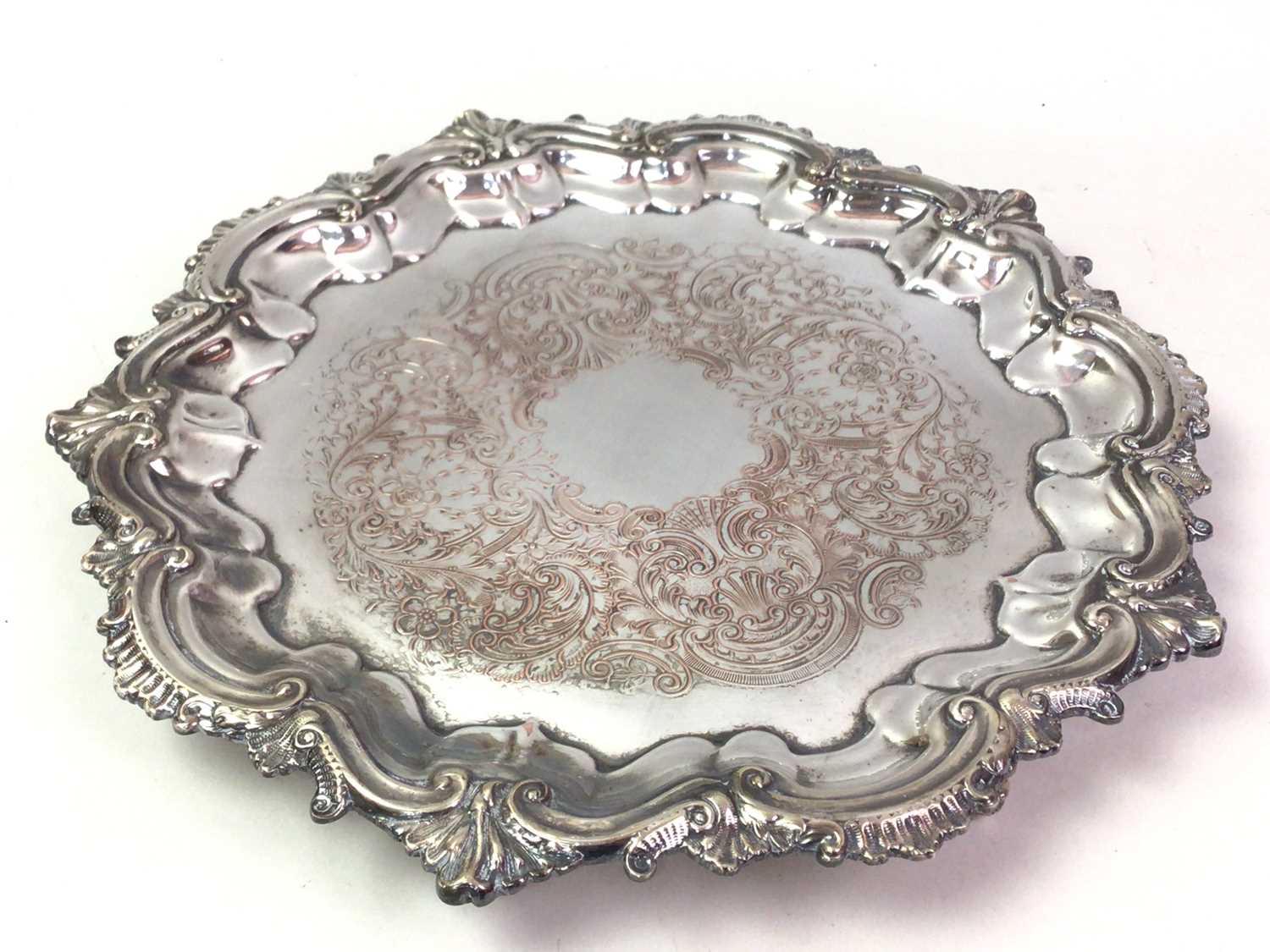 THREE SILVER PLATED GALLERY TRAYS, ALONG WITH A SILVER PLATED COMPORT AND OTHER ITEMS