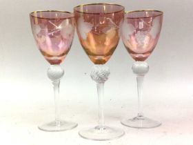 SET OF SIX CRANBERRY TINTED WINE GLASSES, AND OTHER GLASS WARE
