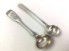 SILVER CONDIMENT LADLE, AND A SILVER MUSTARD SPOON