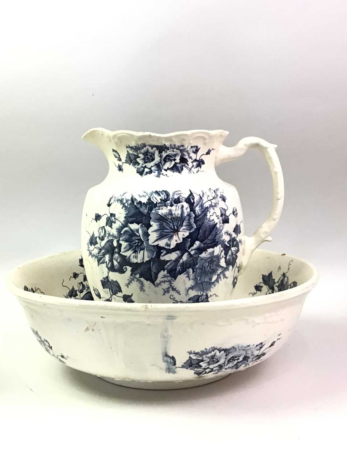 VICTORIAN BLUE AND WHITE EWER AND BASIN, AND ANOTHER BASIN