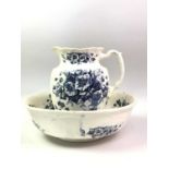 VICTORIAN BLUE AND WHITE EWER AND BASIN, AND ANOTHER BASIN