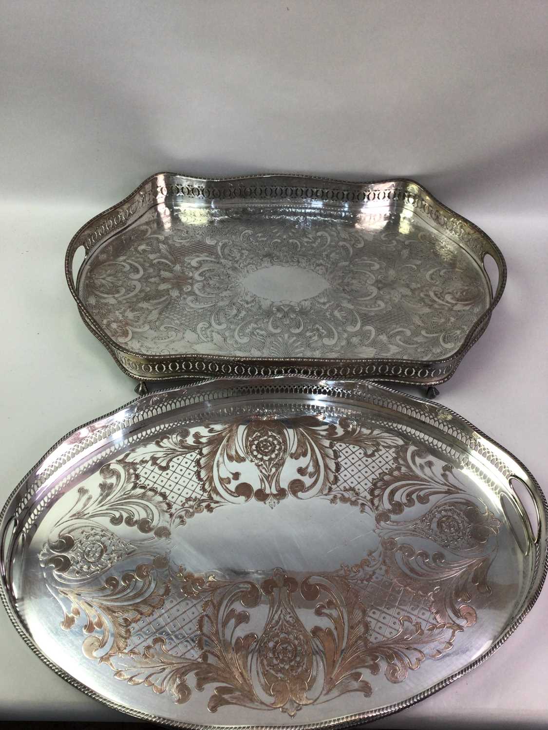THREE SILVER PLATED GALLERY TRAYS, ALONG WITH A SILVER PLATED COMPORT AND OTHER ITEMS - Image 2 of 3