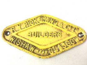 R Y PICKERING & CO, LTD OF WISHAW, RAILWAY WAGON PLATE, 20TH CENTURY