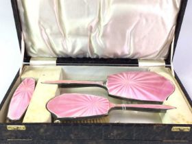 GEORGE V SILVER AND ENAMEL VANITY SET, ALONG WITH A COLLECTION OF SILVER PLATED ITEMS