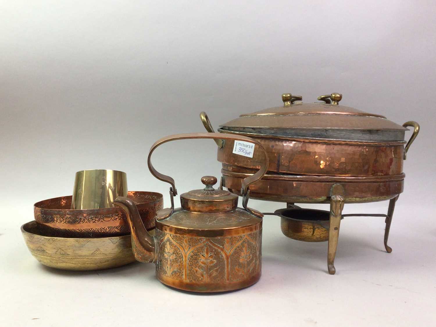 COPPER EMBOSSED KETTLE, ALONG WITH OTHER COPPER AND BRASSWARE - Image 2 of 2