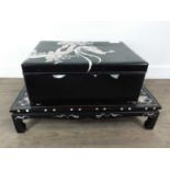 CHINESE BLACK LACQUERED STORAGE BOX, ON STAND
