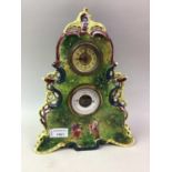 VICTORIAN CERAMIC MANTEL CLOCK, ALONG WITH SIX COLOURED GLASS VASES