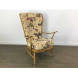 PAIR OF ERCOL HIS AND HERS STICK BACK ARMCHAIRS,