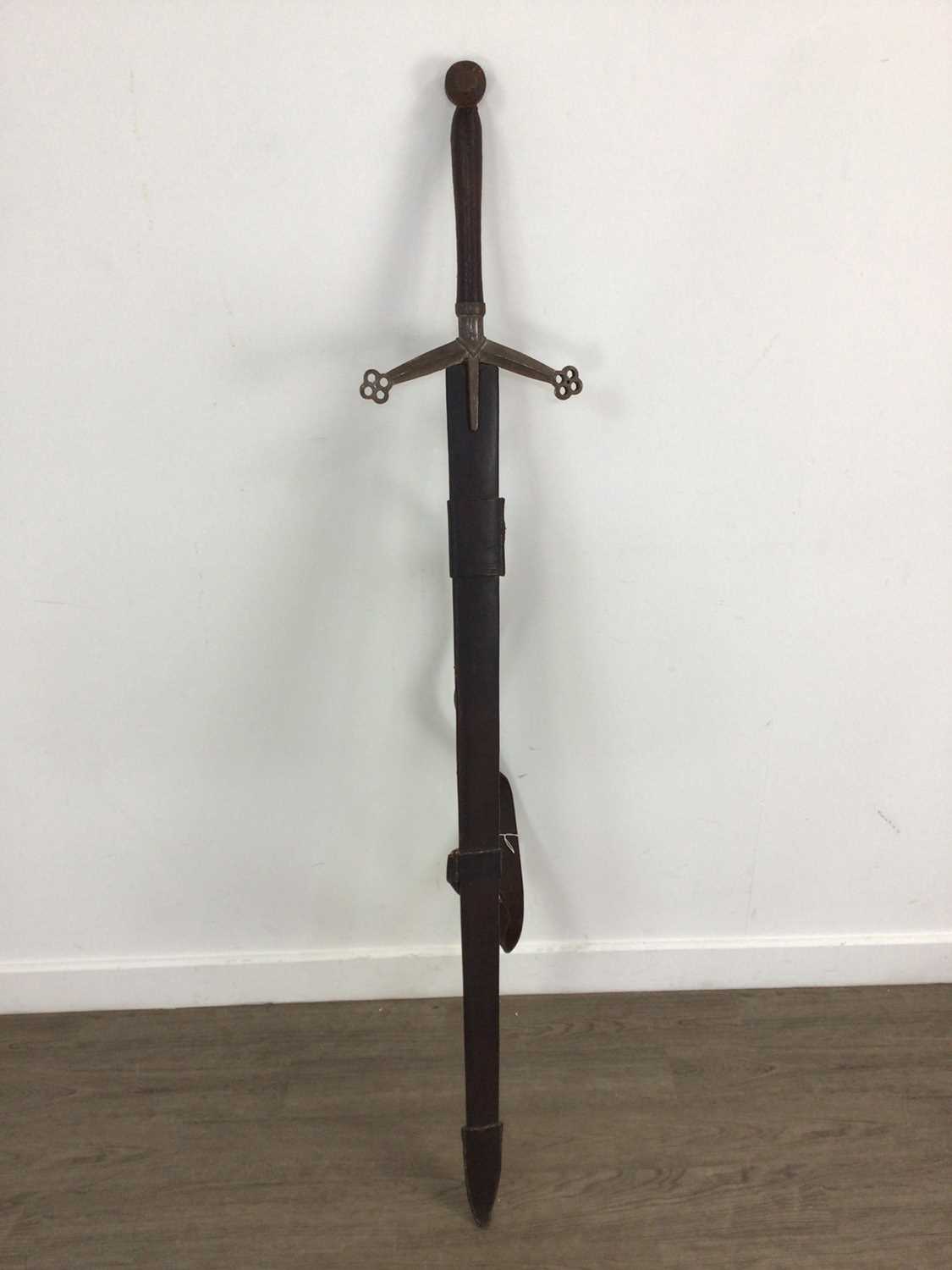 SCOTTISH CLAYMORE SWORD, ALONG WITH A LEATHER BUCKLER SHIELD - Image 2 of 9