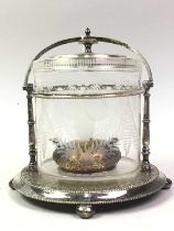 VICTORIAN SILVER PLATE AND CUT GLASS BISCUIT BARREL, ALONG WITH A TEA TRAY