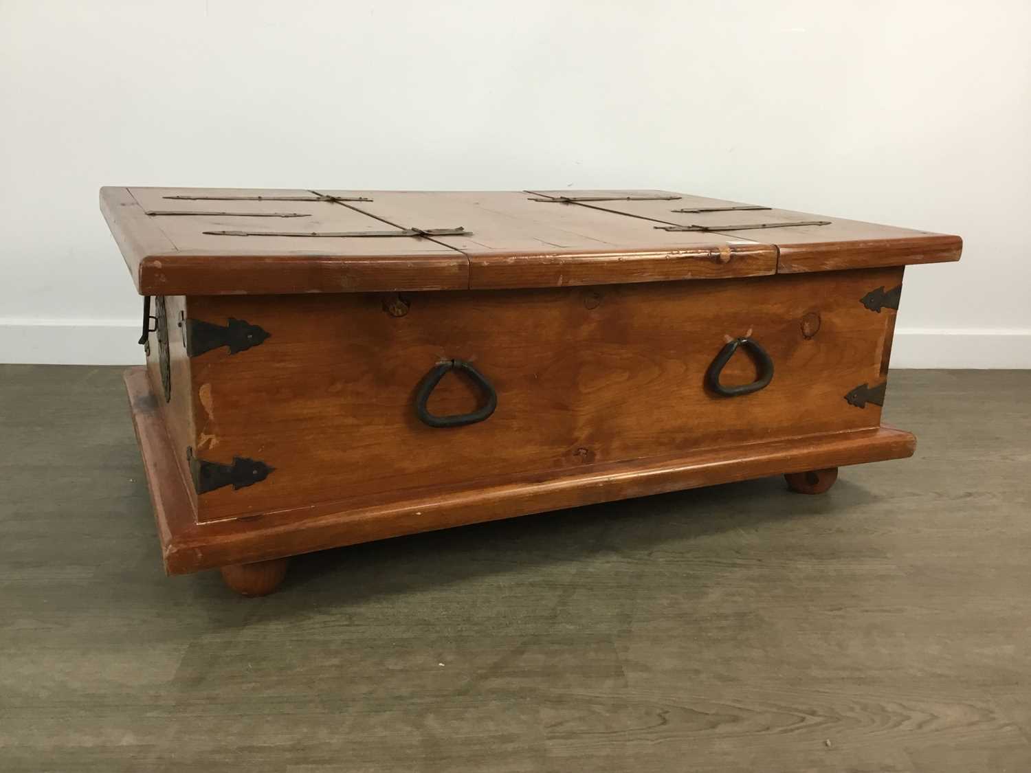 PINE AND METAL BOUND CHEST/COFFEE TABLE,