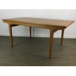 MID CENTURY DANISH TEAK DRAW LEAF EXTENDING DINING TABLE, WITH SIX DINING CHAIRS