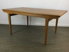 MID CENTURY DANISH TEAK DRAW LEAF EXTENDING DINING TABLE, WITH SIX DINING CHAIRS